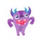 Cute Horned Monster, Funny Purple Alien Cartoon Character Vector Illustration