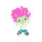 Cute Horned Troll Boy, Adorable Fantasy Creature Character with Pink Hair Vector Illustration