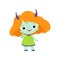 Cute Horned Troll Girl, Adorable Smiling Fantasy Creature Character with Orange Hair Vector Illustration