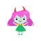 Cute Horned Troll Girl, Happy Smiling Fantasy Creature Character with Colored Hair Vector Illustration