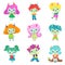 Cute Horned Trolls Boys and Girls Set, Adorable Smiling Fantasy Creatures Characters with Colored Hair Vector