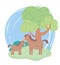 Cute horse and foal tree bush grass cartoon animals in a natural landscape