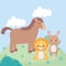 Cute horse lion and rabbit meadow cartoon animals in a natural landscape