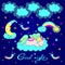 Cute horse sleeps on a cloud from the moonlight, suspended by strings, good night inscription, vector illustration