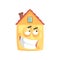 Cute house cartoon character with ironical expression on its face, funny emoticon vector illustration