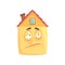 Cute house cartoon character with skeptical expression on its face, funny emoticon vector illustration