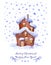Cute house in snow. Greeting christmas, new year card. Watercolour