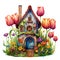 cute house in spring flowers tulips and daffodils. fairy house in vintage style, autumn card