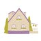 Cute house in village or town neighborhood, summer facade of funny house building cottage