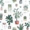 Cute houseplants background. House indoor plant vector cartoon doodle seamless pattern. Potted flowers