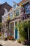 Cute houses in Amsterdam in springtime with Wisteria plant in bloom