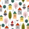 Cute houses, children, fox and trees seamless pattern on white background.