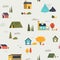 Cute houses pattern. Funny cartoon kids seamless texture with tiny houses trees and mountain. Vector trendy flat print