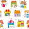 Cute houses in the town seamless pattern with street and roads. Vector illustration