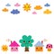 Cute houses, tree, sun, mushroom, clouds kids background illustration