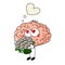 Cute human brain fall in love, with  bouquet of flowers on white background.