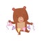 Cute humanized bear holding bunting flags with word Happy . Forest creature. Cartoon character of cheerful wild animal.