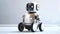 Cute humanoid robot with large eyes and wheels on a white background. Modern technology and artificial intelligence