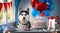 Cute husky dog sits with cake and balloons at a birthday party. pet\\\'s birthday
