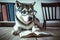 Cute Husky dog wearing eyeglasses reading a book on background