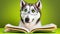 Cute Husky dog wearing eyeglasses reading a book on background