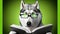 Cute Husky dog wearing eyeglasses reading a book on background