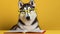 Cute Husky dog wearing eyeglasses reading a book on background