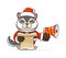 cute husky wearing santa costume holding megaphone and reading script ad, cartoon animal mascot in christmas costume