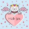 Cute I Love You Card with white Cat, pink wings, sweet heart.