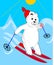 Cute ice bear skiing. Ice bear cartoon. Sporting ice bear. Ice bear on mountain. Ice bear on red ski. Ice bear winter sport.