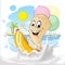 Cute ice cream cartoon surfing on milk splash, summer beach background - vector