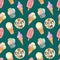 Cute ice cream in a waffle glass on a white background. Textural digital seamless pattern. Print for fabrics, stationery, banners,