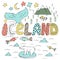 Cute Iceland hand drawn cartoon map. Vector illustration with travel landmarks, animals and natural phenomena.