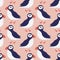 Cute Icelandic puffins hand drawn vector illustration. Funny nordic birds in flat style seamless pattern for kids fabric.