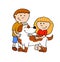 Cute illustration of a boy and a girl caressing and taking care of a puppy