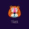 Cute illustration with cartoon character. Kindly tiger face isolated on dark background. Doodle style. Design element