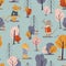 Cute illustration for children - mice in the forest. Seamless pattern with mouse, yellow trees, spruces, mushrooms. Scandinavian