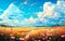 Cute illustration design of colorful field with flowers and cloudy blue sky.