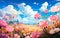 Cute illustration design of colorful field with flowers and cloudy blue sky.