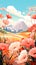 Cute illustration design of colorful field with flowers and cloudy blue sky.