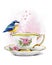 Cute illustration of an elegant vintage teacup with a small bird