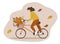 Cute illustration in flat style. girl rides a bicycle with a basket of autumn leaves and pumpkins