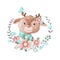 Cute illustration of a girl deer in a wreath of flowers
