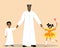 Cute illustration of happy Arabic father with two kids. Happy father holds hands of his cheerful children, daughter and son.