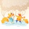 Cute illustration with joyful, flat, kids characters. Children jumping in puddles