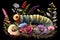 A cute illustration of a kawaii-style caterpillar in childlike drawing style, featuring vibrant colors and a playful demeanor,