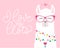 Cute illustration with llama in love, doodles and lettering inscription
