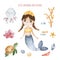 Cute illustration with mermaid and friends.Set with turtle,shells,fishes,corals and seaweeds.