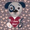 Cute illustration puppy for kids. Nursery funny dog. Character for print. Background with pink hearts. Happy Valentine`s