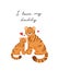 Cute illustration. Small and large tigers. Kid with dad. Love, hearts, lettering. I love daddy. Father s day. For